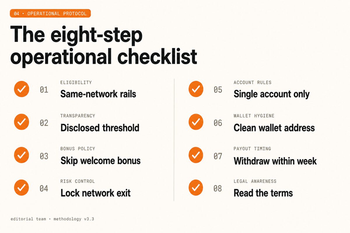 Eight-step operational checklist for avoiding KYC triggers: network, threshold, bonus, VPN, account, wallet, timing, terms.