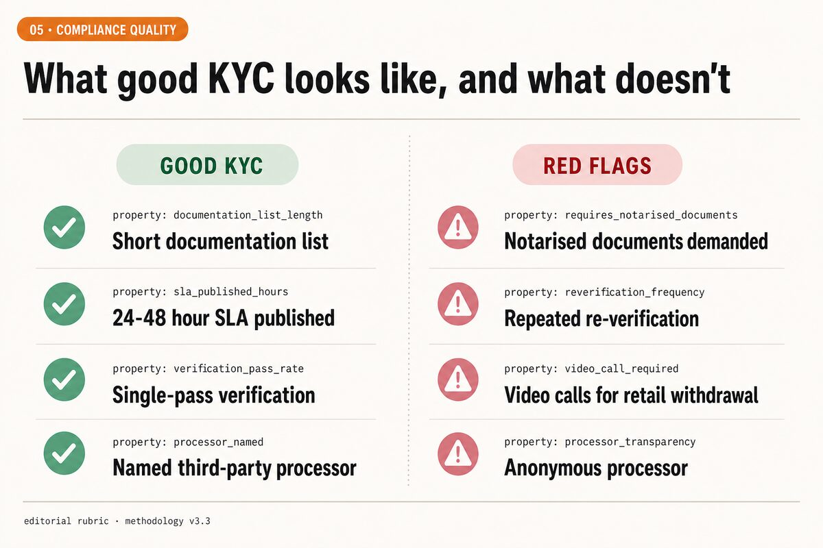 Good KYC vs red flags: short docs and published SLA against notarised demands, repeated verification and video calls.