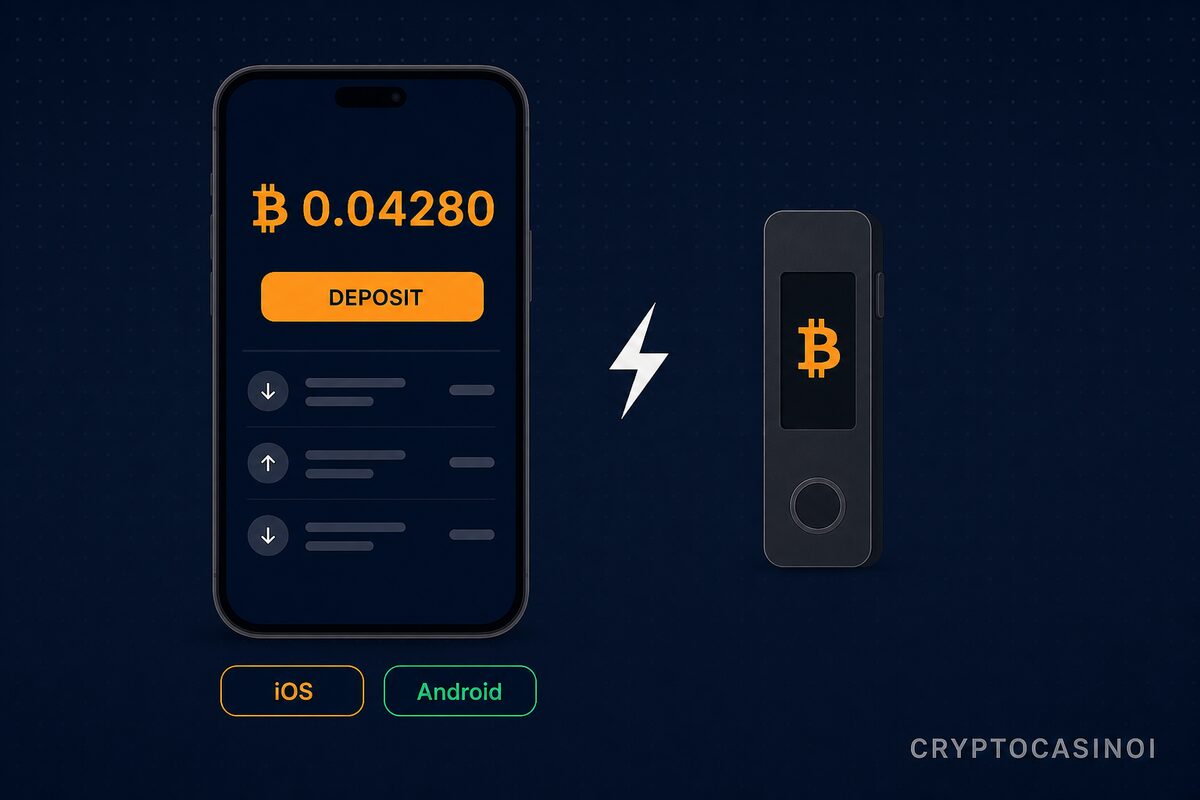Bitcoin casino app on smartphone paired with hardware wallet over Lightning Network, iOS and Android badges by CryptoCasinoi