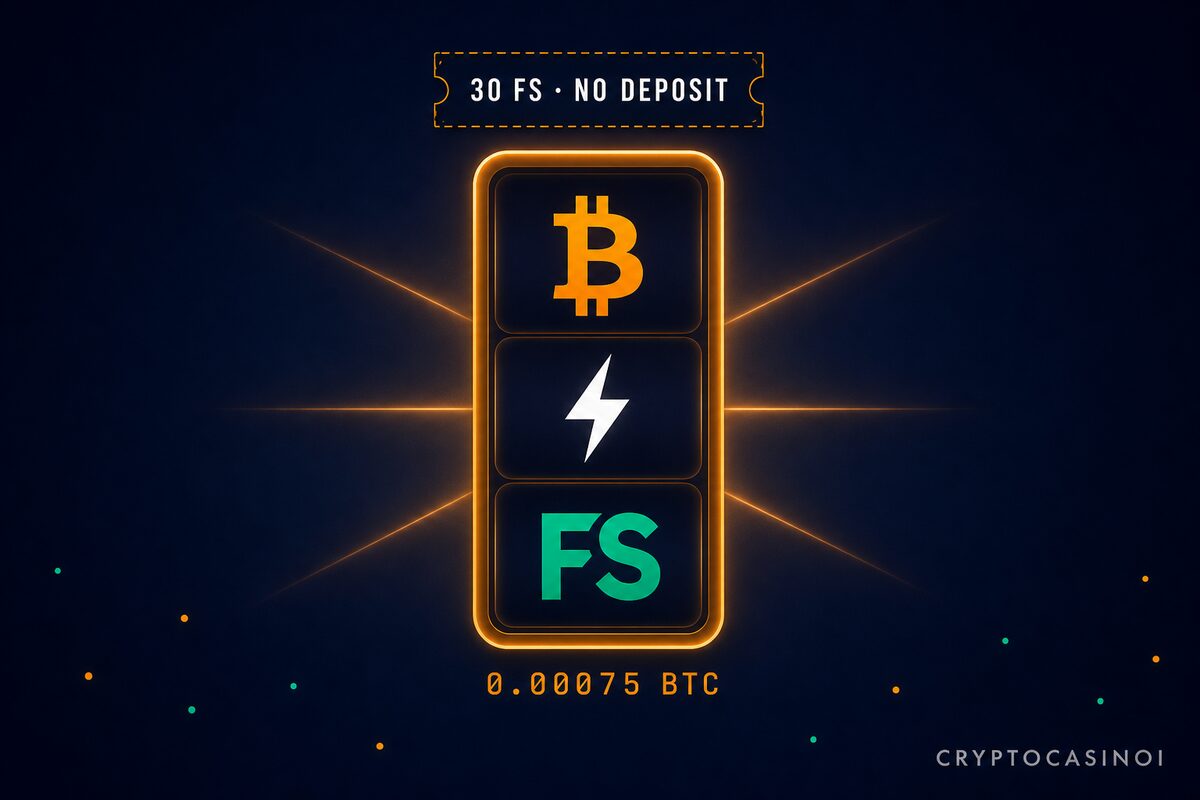 Bitcoin casino no-deposit bonus and 30 free-spins promotion visualised by CryptoCasinoi