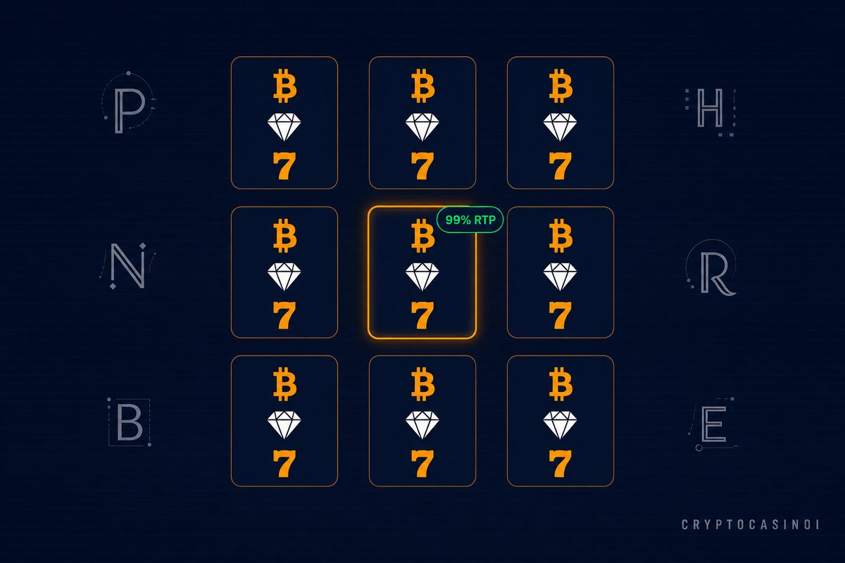 Bitcoin casino slots catalogue 2026, 3x3 reel grid with 99% RTP highlight and abstract studio monograms by CryptoCasinoi