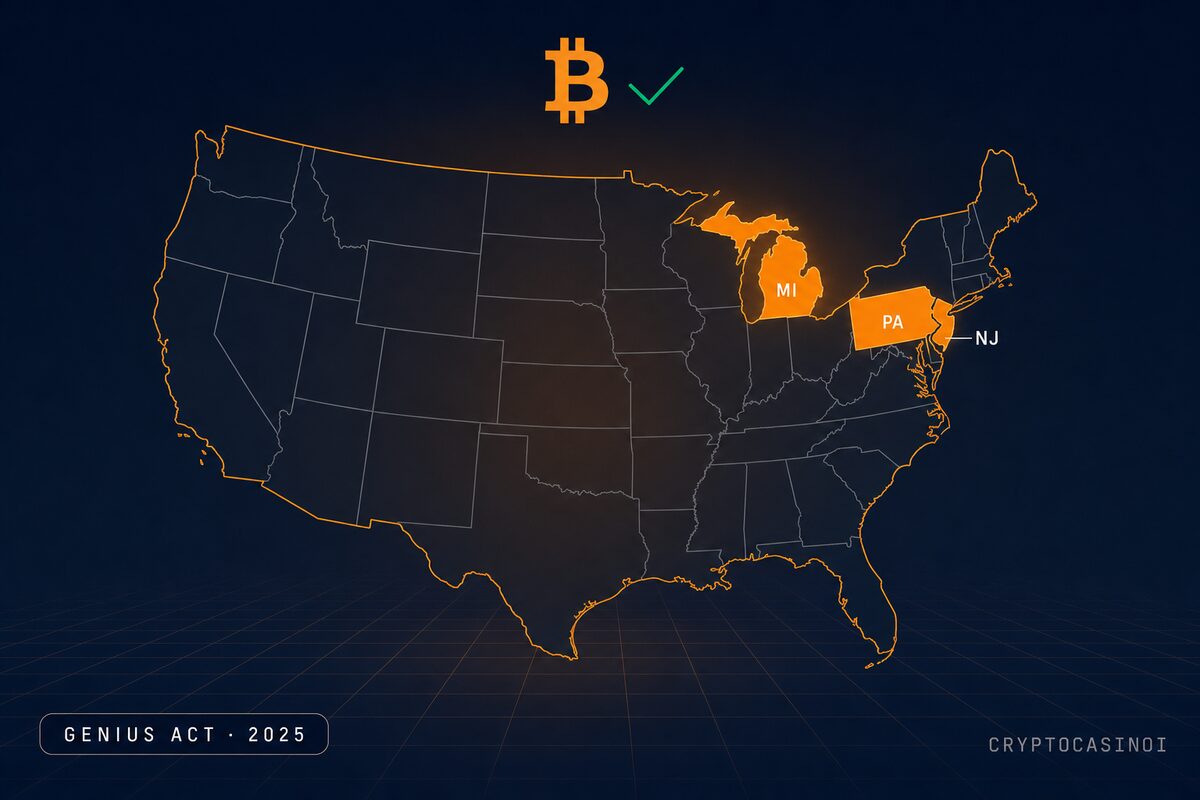 Bitcoin casino sites for US players 2026. NJ, MI, PA highlighted on a US map with GENIUS Act badge by CryptoCasinoi