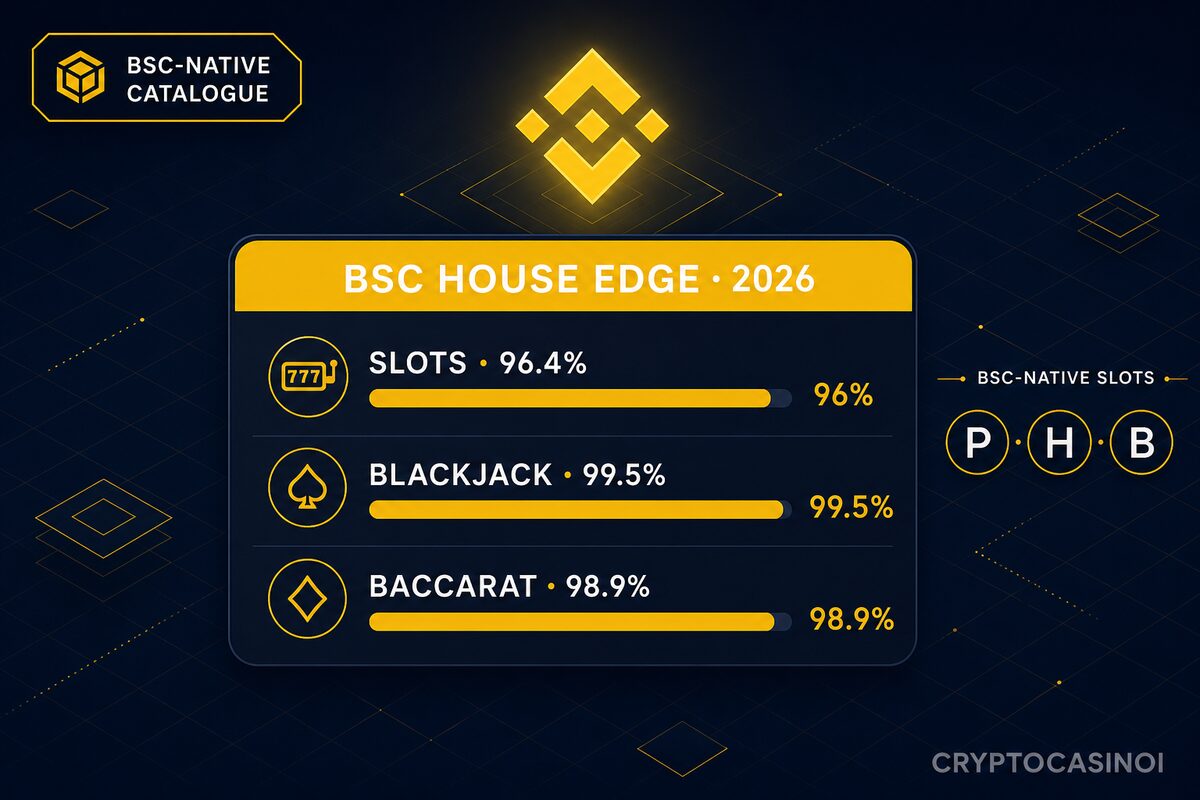 BNB casino slot economics. BSC studio coverage (Pragmatic, BGaming, Hacksaw) with PancakeSwap bps spread
