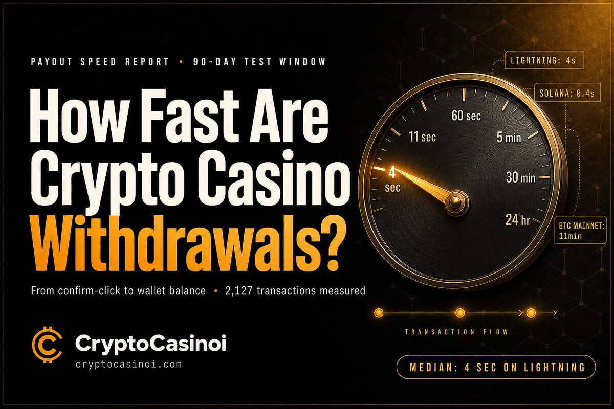 Crypto casino withdrawal speed gauge — 4 seconds on Lightning Network, 142 seconds on Solana, 11 minutes on Bitcoin mainnet