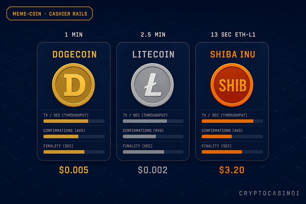 Dogecoin vs Litecoin vs Shiba Inu, meme-coin cashier rails with block-time, fee, and finality metrics