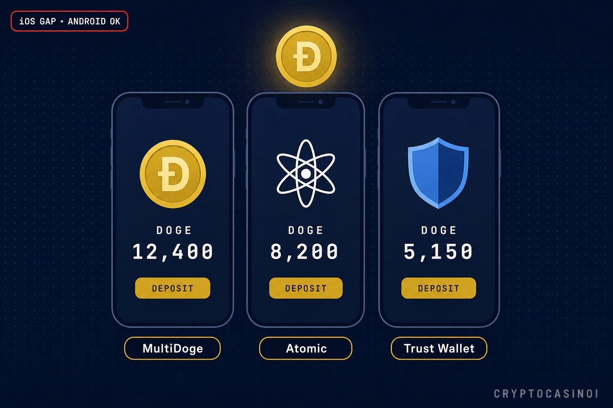 Dogecoin mobile wallet stack. MultiDoge, Atomic Wallet, Trust Wallet flows with DOGE balance displays by CryptoCasinoi