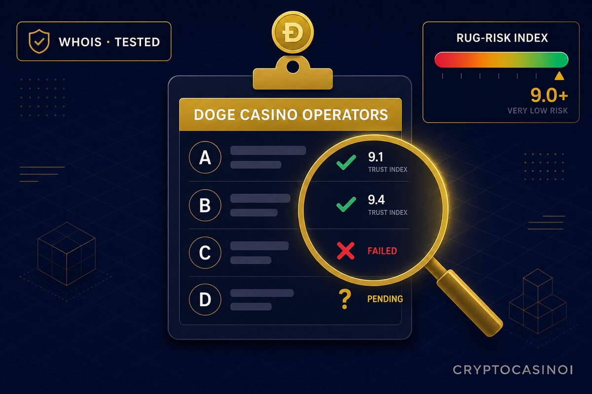 New Dogecoin casino operators 2026 audit clipboard with WHOIS tested and rug-risk index verification by CryptoCasinoi