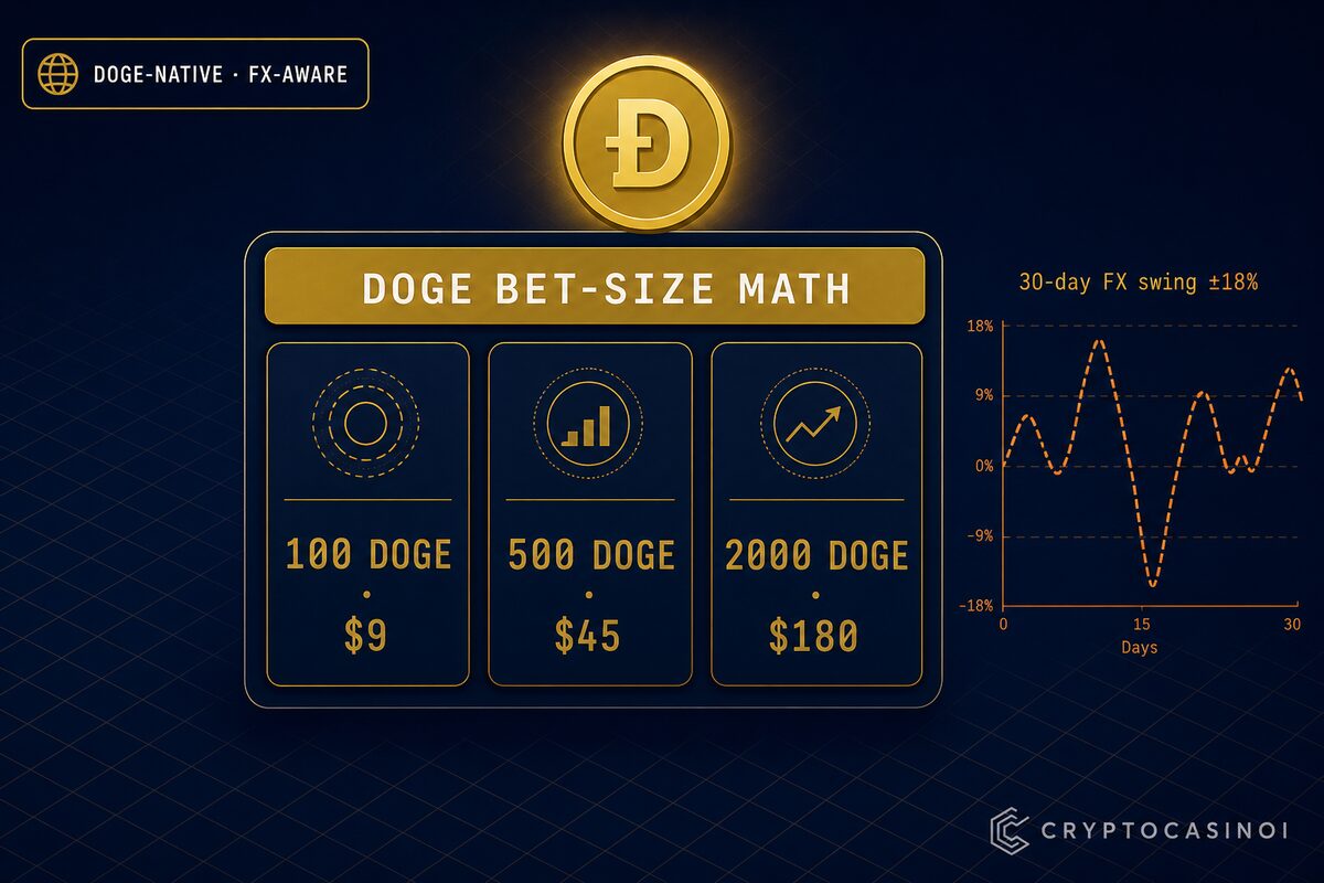 Dogecoin casino slot bet-size math with FX volatility chart and 100, 500, 2000 DOGE wager examples by CryptoCasinoi