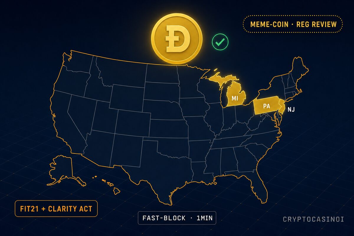Dogecoin casino sites for US players 2026, fast block time, FIT21 + CLARITY Act regulatory framework