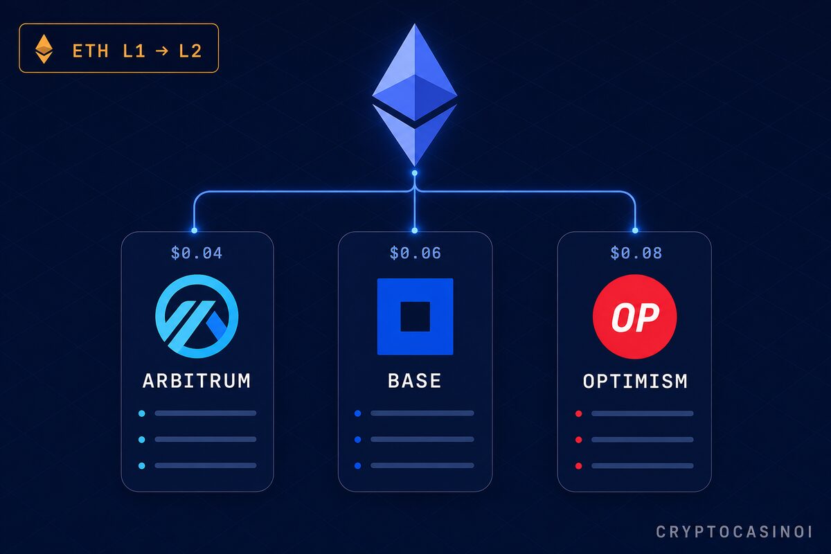 Ethereum L2 casino deposit rails compared. Arbitrum, Base, Optimism fee and throughput infographic by CryptoCasinoi