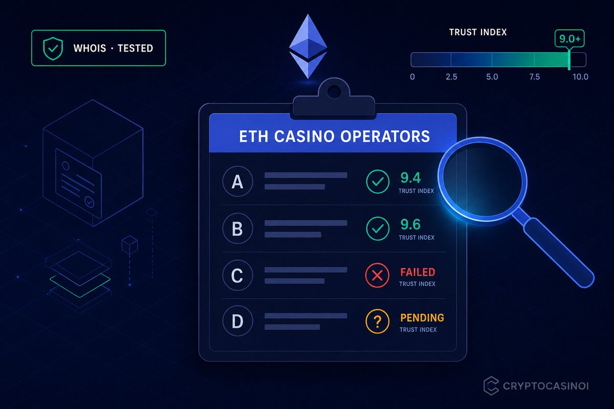 New Ethereum casino operators 2026. Trust Index pass-fail audit clipboard with WHOIS-tested badges
