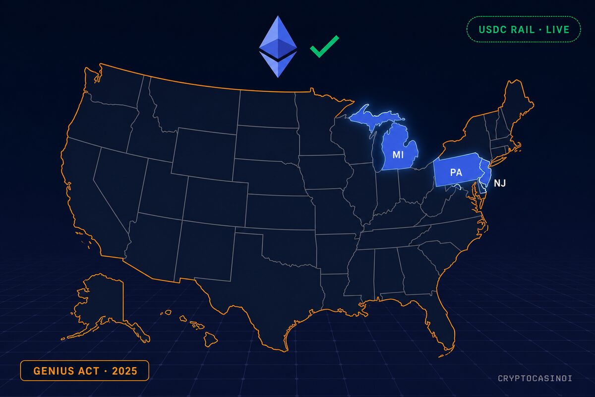 Ethereum casino sites for US players 2026. NJ/MI/PA highlighted with USDC live rail and GENIUS Act framework