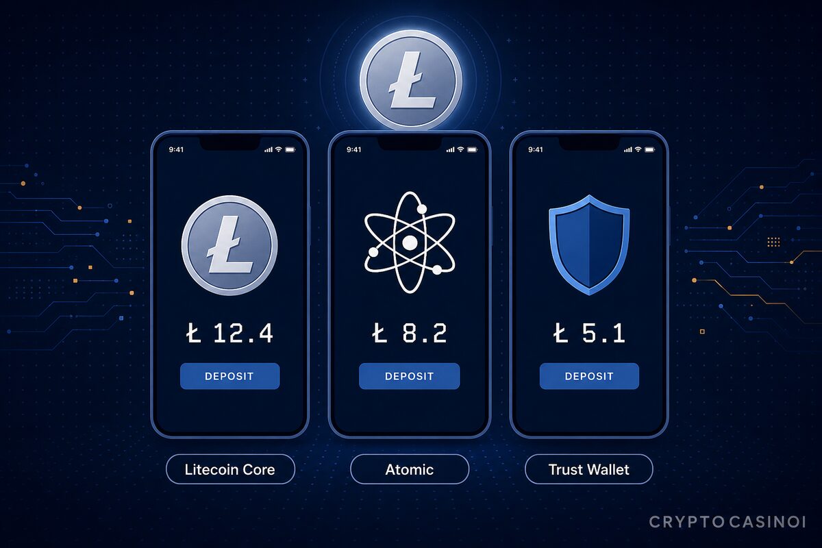 Litecoin mobile wallet stack. Litecoin Core, Atomic Wallet, Trust Wallet flows with LTC balance and deposit by CryptoCasinoi