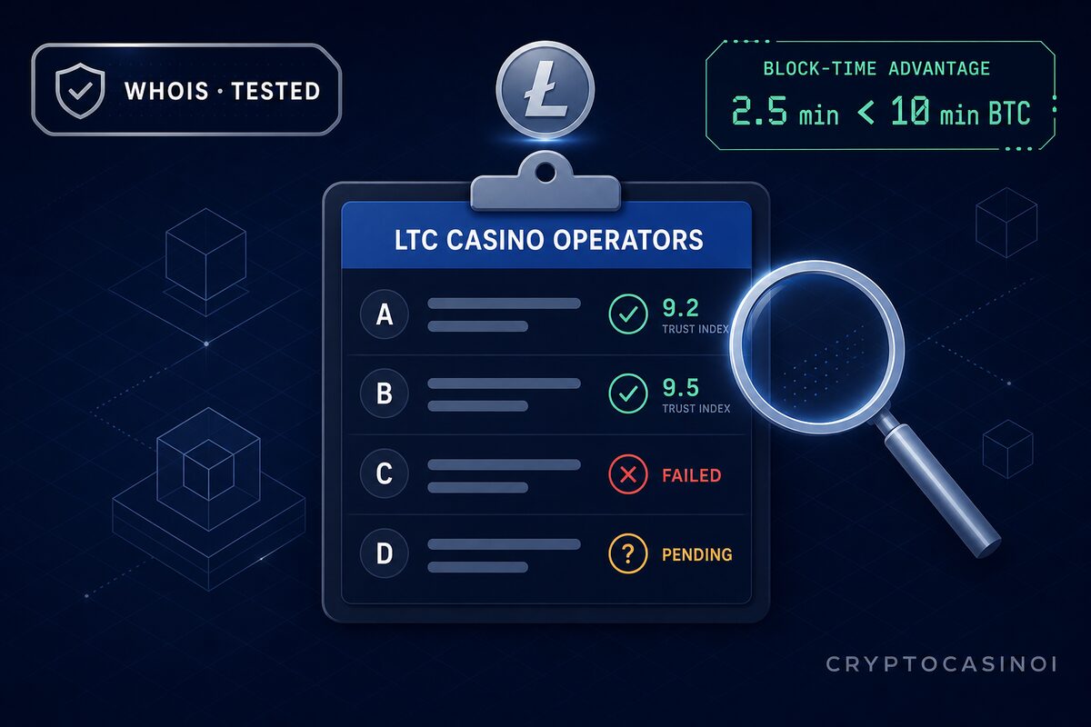 New Litecoin casino operators 2026 audit clipboard with WHOIS tested and block-time advantage callout by CryptoCasinoi