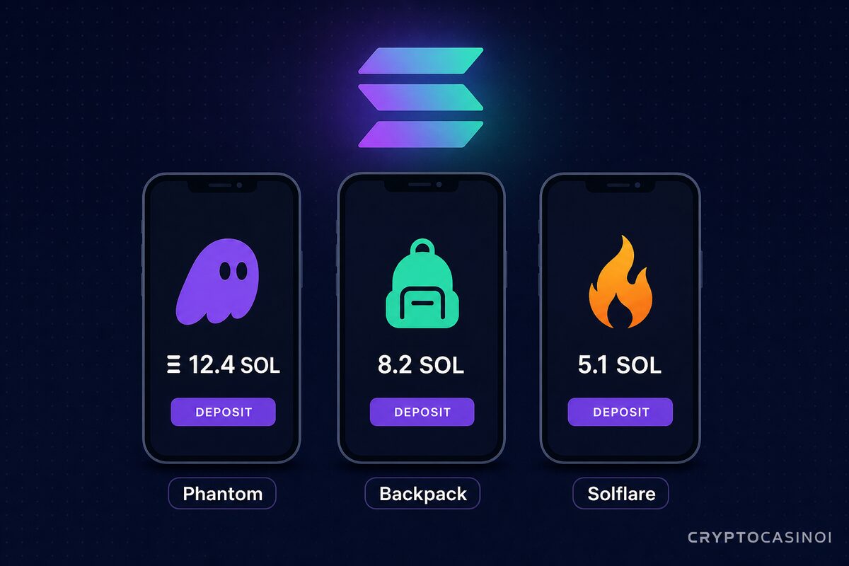 Solana casino mobile wallet stack. Phantom, Backpack, Solflare flow with SOL balance and deposit screens by CryptoCasinoi