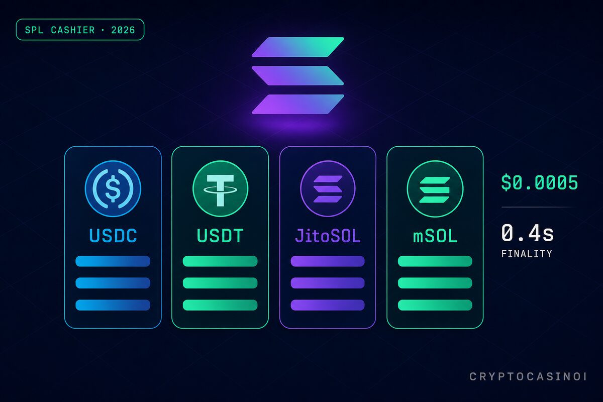 Solana SPL tokens accepted at crypto casino cashiers. USDC, USDT, JitoSOL, mSOL with sub-second finality by CryptoCasinoi