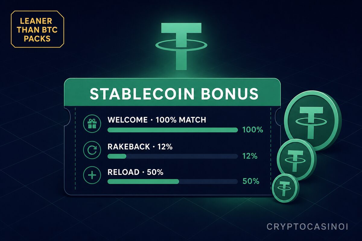 USDT stablecoin bonus structure — welcome match, rakeback, reload tiers; leaner than BTC welcome packs