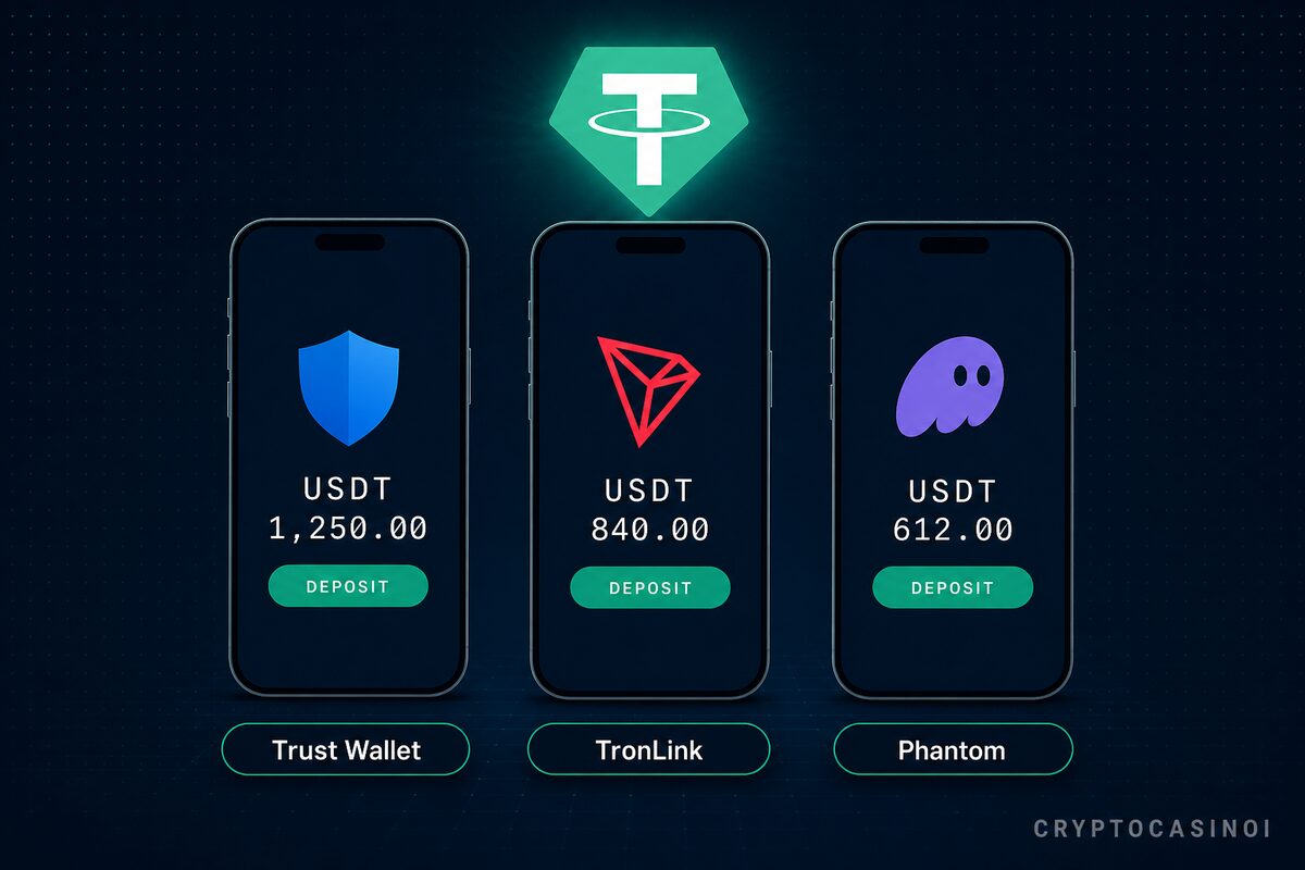 USDT casino mobile wallet stack — Trust Wallet, TronLink, Phantom flows with deposit screens