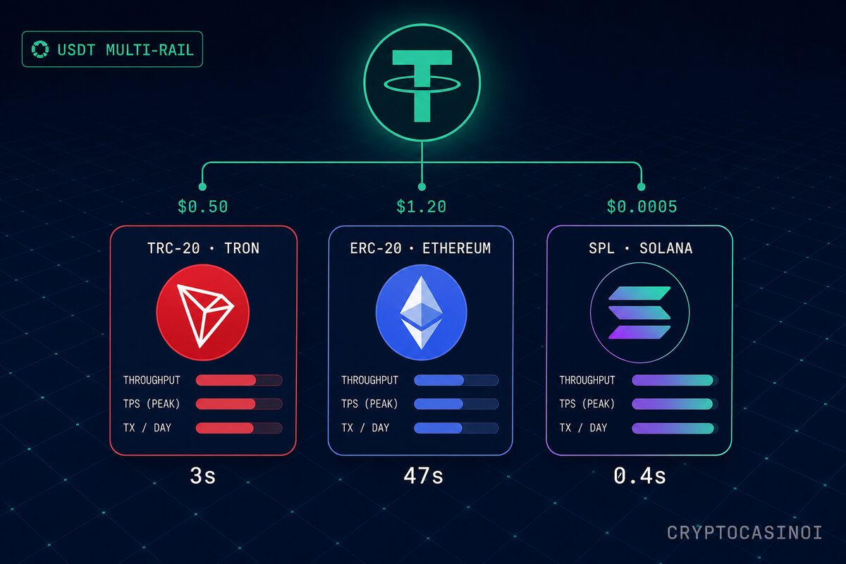 USDT multi-rail comparison — TRC-20 Tron, ERC-20 Ethereum, SPL Solana fee and finality matrix by CryptoCasinoi