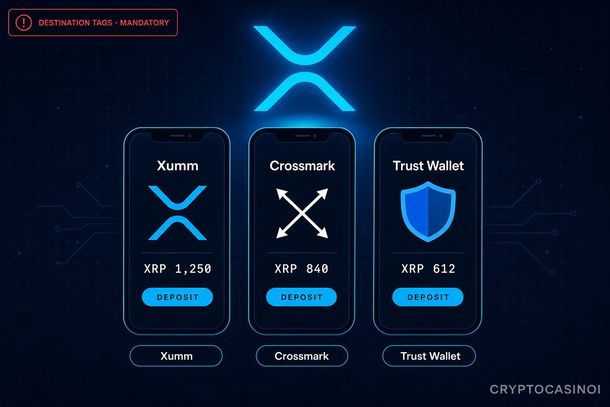 XRP mobile wallet stack. Xumm, Crossmark, Trust Wallet flows with destination tag enforcement by CryptoCasinoi