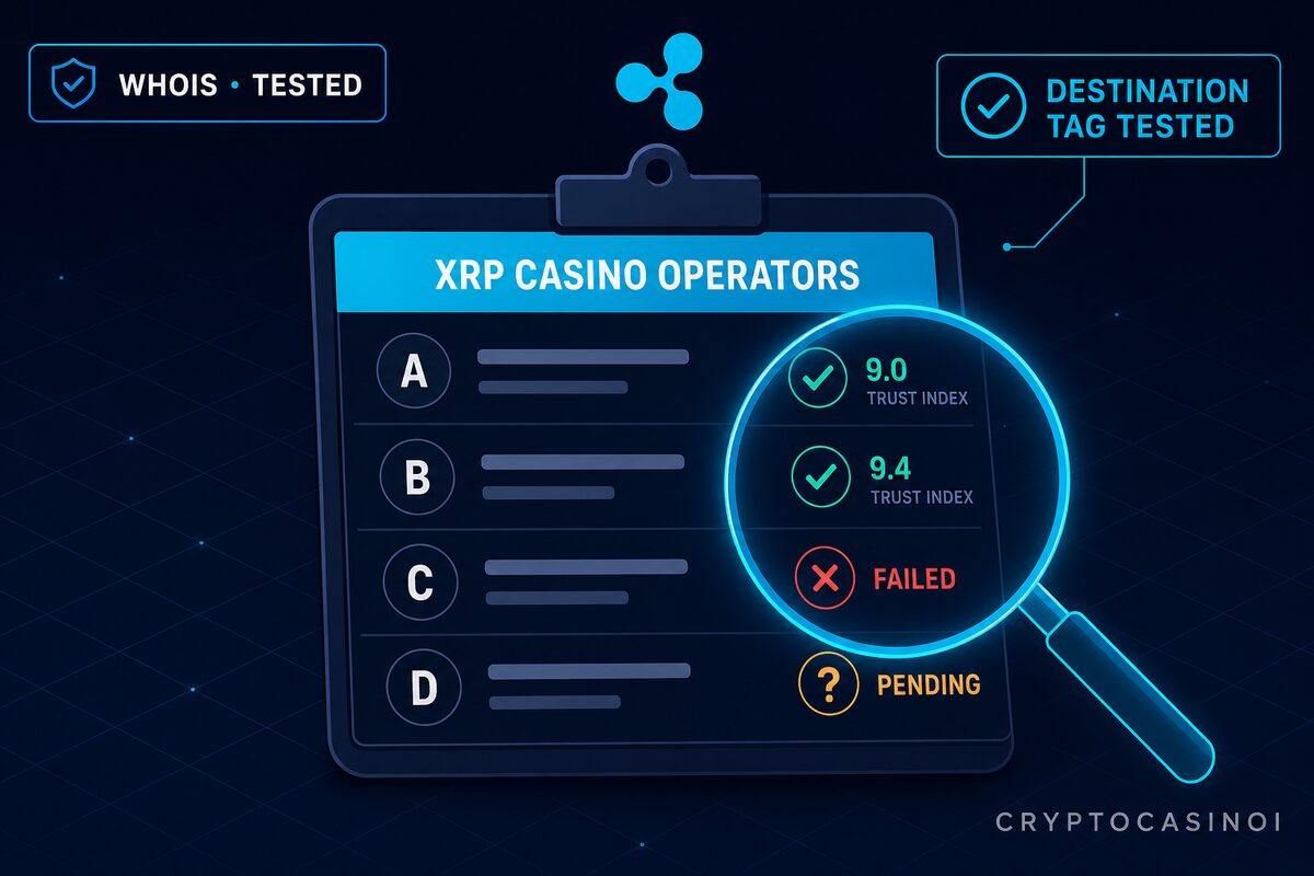 New XRP casino operators 2026 audit clipboard with WHOIS tested and destination tag tested verification by CryptoCasinoi