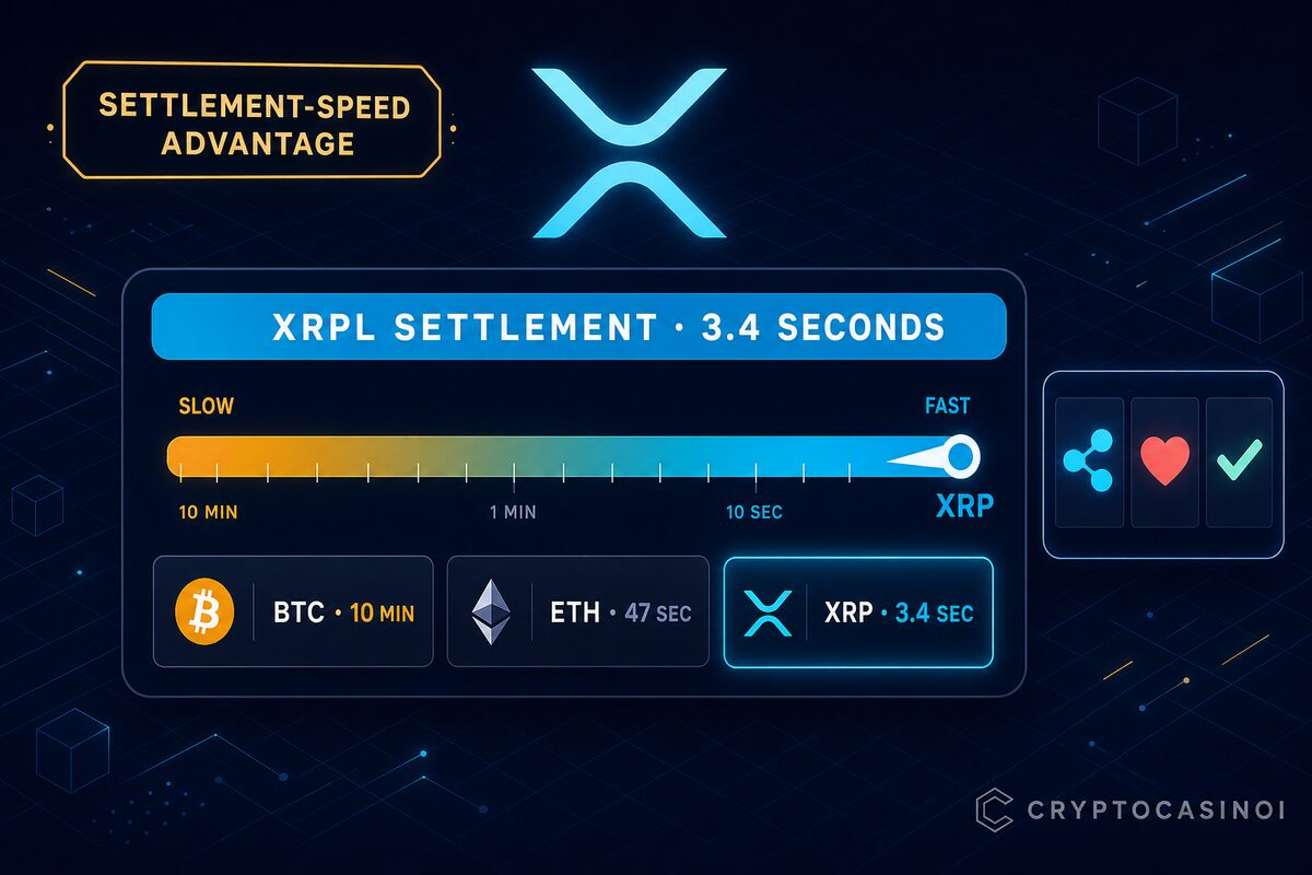 XRP Ledger 3.4-second settlement advantage with XRPL slot integration and fast finality benchmark by CryptoCasinoi