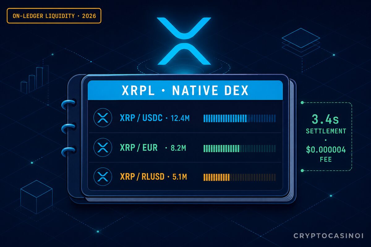 XRP Ledger native DEX integration with on-ledger liquidity for XRP/USDC, XRP/EUR, XRP/RLUSD pairs by CryptoCasinoi