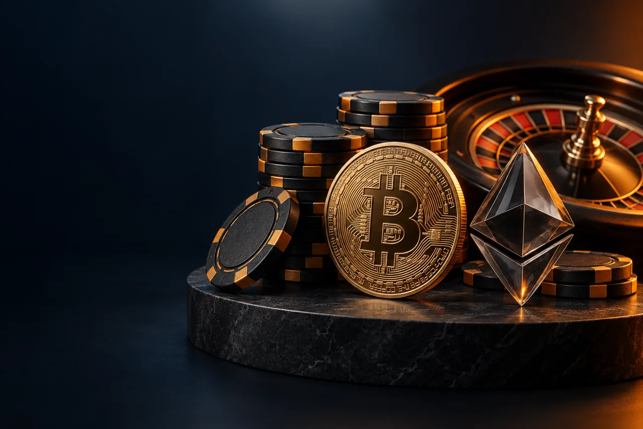 Bitcoin and Ethereum tokens beside black and orange casino chips